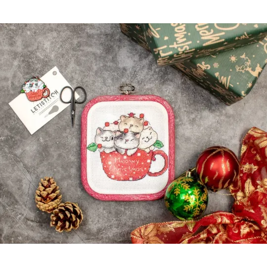 Kit de point de croix compté "Meowy Christmas" - avec cercle à broder inclus 11x9cm SLETIL8080