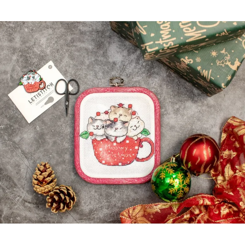 Kit de point de croix compté "Meowy Christmas" - avec cercle à broder inclus 11x9cm SLETIL8080