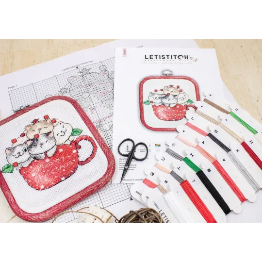 Kit de point de croix compté "Meowy Christmas" - avec cercle à broder inclus 11x9cm SLETIL8080