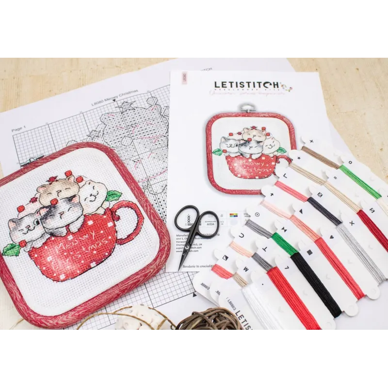 Kit de point de croix compté "Meowy Christmas" - avec cercle à broder inclus 11x9cm SLETIL8080