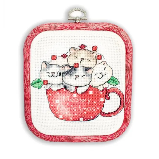 Kit de point de croix compté "Meowy Christmas" - avec cercle à broder inclus 11x9cm SLETIL8080