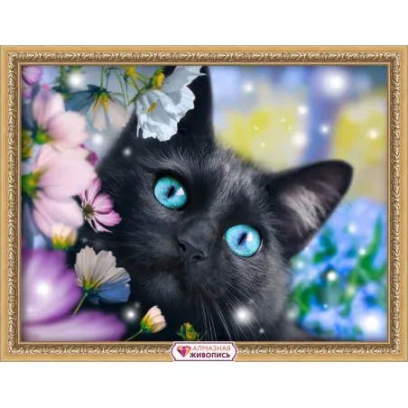 Diamant Malen Kit Schwarze Katze in den Blumen 40х30 cm AM1900