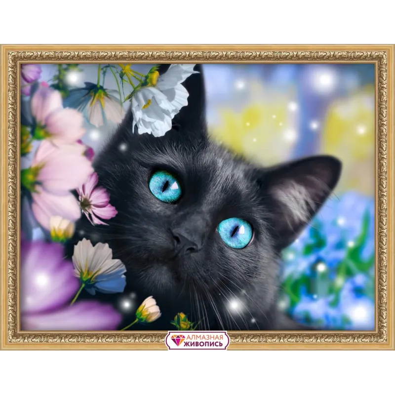 Kit Diamond Painting Chat noir dans les fleurs 40х30 cm AM1900