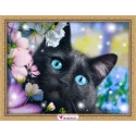 Kit Diamond Painting Chat noir dans les fleurs 40х30 cm AM1900